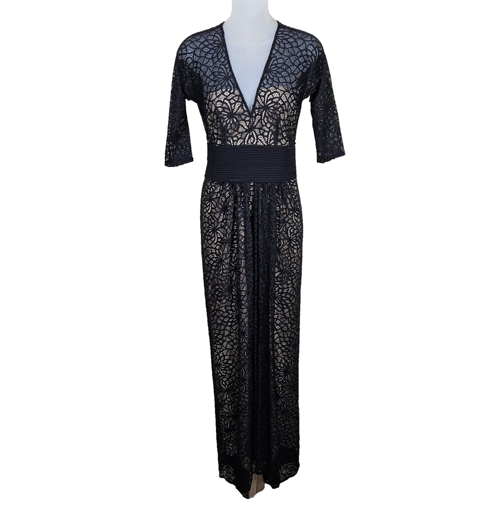 PAMELLA ROLAND Formal Gown 4 Silk Lace Long Sleeve Black Tie Gold Evening Dress